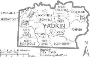 Map of Yadkin County North Carolina With Municipal and Township Labels