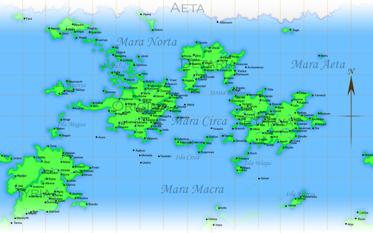 World Map Lorica atlas, labeled with all towns and cities, 1st version.