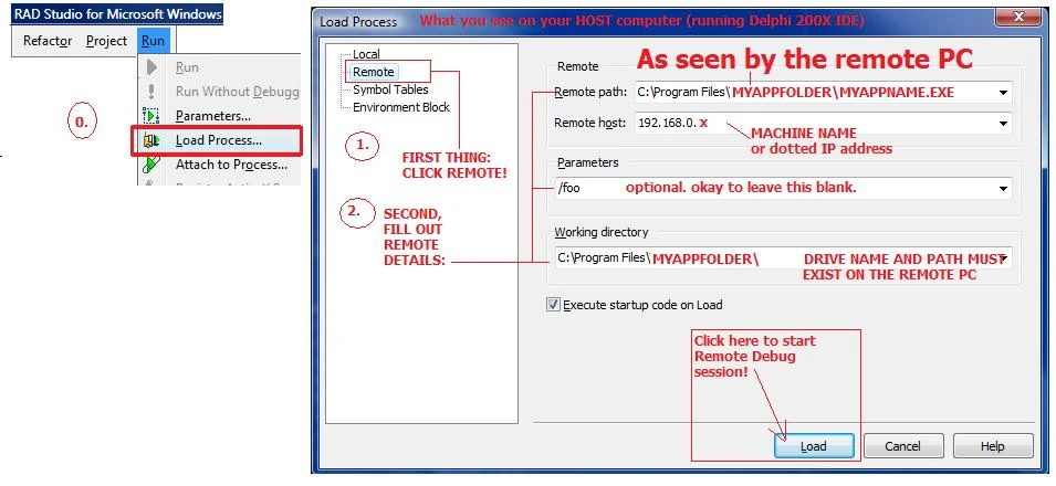 Run load process remote debugger