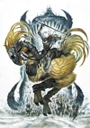Artwork by Amano of a hume on a chocobo, with Atomos in the background.