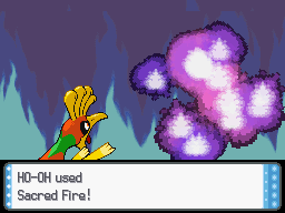 Ho-Oh usando fuego sagrado en Pokémon Diamante y Perla