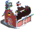 Pink Barn with snow and lights