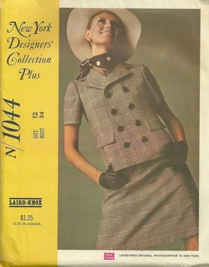 Maud Adams models a Sixties suit pattern by Laird-Knox, McCall's 1044