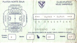 Velez Sarfield Stadium, Buenos Aires, Argentina 1 may 1993 duran duran ticket
