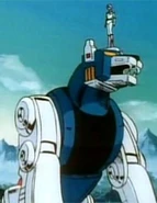 Blue lion with pilot standing on head