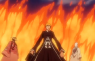 Ichigo, Kyoraku and Ukitake surrounded by Ryujin Jakka