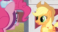 Applejack listening to Pinkie's invitation S1E25