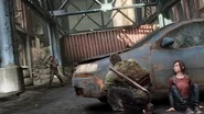 Joel and ellie taking cover from a survivor