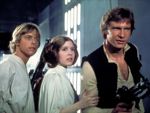 Luke Skywalker, Leia Organa y Han Solo en la Estrella de la Muerte I.