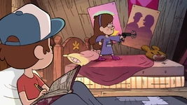 S1e1 mabel with grappling hook on bed