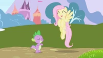 Happy Fluttershy hovers near Spike S01E01