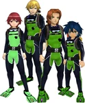Marcus Damon, Thomas H. Norstein, Yoshino "Yoshi" Fujieda, and Keenan Crier (Green Scuba Suits) dm