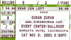 The Borgata Casino Event Centre, Atlantic City wikipedia ticket stub duran duran