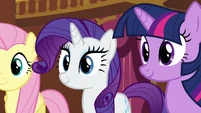 Fluttershy Rarity and Twilight smiling at Pinkie S3E3
