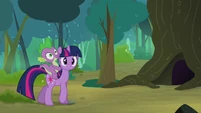 Twilight with Spike walking in the woodland S3E03