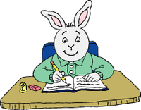 Buster writing at desk