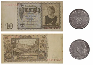 German Reichmark notes and coins made under Adolf Hitler's regime.