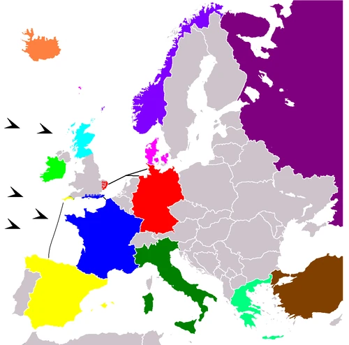Europa unos dias despues de el evento UKEND, los paises coloreados estan de alguna forma apoyando la ocupacion, las flechas negras representan flotas armadas de os Estados Unidos