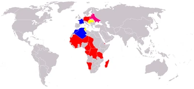 Germany (red), the Ost Schutzgebiet (pink), France (blue), and Hungary (yellow) in 1920, showing new borders and African colonies