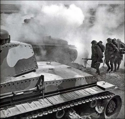 LT vz. 35 light tanks supported by accompanying infantry during the pincer movement around Oslavany, October 22, 1938.