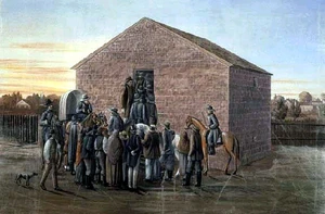 Liberty Jail por C.C.A. Christensen. José Smith y otros líderes iniciales de la Iglesia mormona fueron encarcelados en varias ocasiones en esta cárcel.