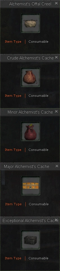 alt The available Alchemist's Caches available in the game.