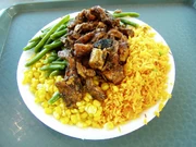 Pepper Chicken with corn, beans and Jumbaliya rice