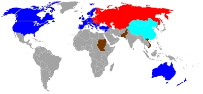 World Map during the latter stages of GWII. Dark Blue indicates Allied nations. Red indicates Soviet controlled nations. China, shown in light blue, was not a formal member of the Allies but was invaded by the USSR during the war.