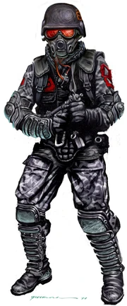 A Nod minigunner from the latter stages of the First Tiberium War, clad in urban camouflage and red UV blocking goggles.