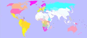 Distribuição mundial dos cristãos: a amarelo, católicos romanos; a magenta, protestantes; e a ciano, ortodoxos