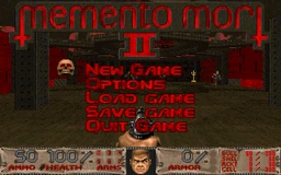 The main menu brought up at the beginning of MAP01: Outpost, showing the Memento Mori II logo and the megawad's custom status bar.