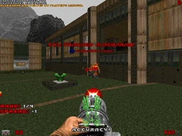 An in-game screenshot of Skulltag. Here, a player has just fragged a bot with the minigun, a Skulltag exclusive weapon