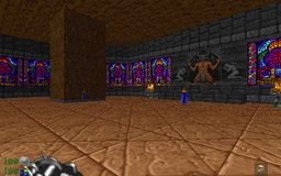 A room with many stained glass windows