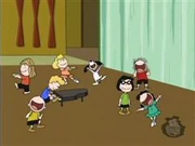 The Peanuts gang celebrating.
