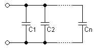 A diagram of several capacitors, side by side, both leads of each connected to the same wires