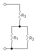 A diagram of three resistors, two in parallel, which are in series with the other