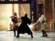 Obi-Wan y Qui-Gon pelan con Darth Maul.