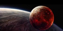 Dos tipos de planetas en una sola escena Jestefad de tipo gaseoso y Mustafar de tipo terrestre.