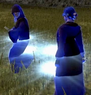 El lazo transmite el escudo de la Fuerza de Kreia a la Jedi Exiliada. (Los efectos de la fuerza son invisibles, el aura azul es sólo un elemento de la interfaz).