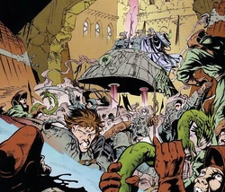 Ulic Qel-Droma y Aleema Keto durante la lucha en Coruscant.