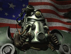 A United States soldier in Power Armor in front of the new American flag