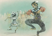 A puppetmaster and his automaton performing for a crowd.