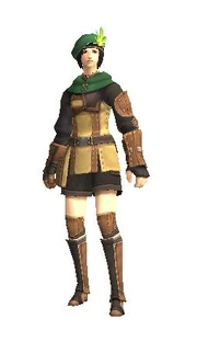 A Hume Female in full Ranger Artifact Armor.