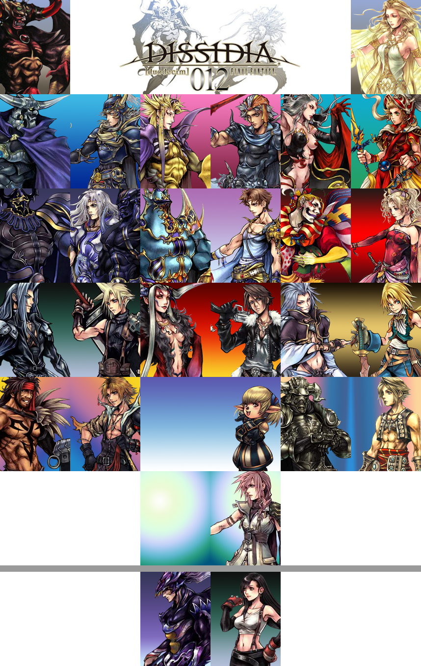 The colors behind the characters reference the colors used in all the FF Games Logos, like the Dissidia Potion Drinks they released for the first game.