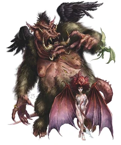 A succubus depicted in the lower right corner (the larger demon being a Nalfeshnee and the smaller one a quasit.