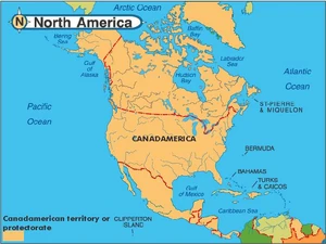 A map of showing Canadamerica's territories and protectorates within North America (current as of January 1, 2050)
