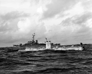 Bathyscaphe Trieste, before her record dive to the bottom of the Marianas Trench, 23 January 1960.