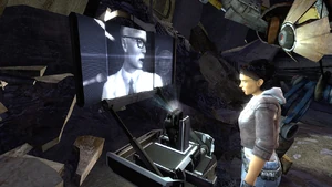 A Half-Life 2: Episode One scene running on the Source engine, demonstrating High Dynamic Range, Rim lighting, Phong shading, facial expressions, realtime cameras and VGUI.