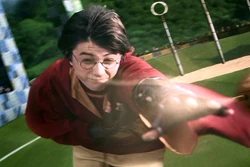 Harry Potter trying to catch the Golden Snitch during the Gryffindor-Slytherin Quidditch match.[HP2]