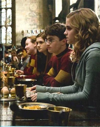 Hermione with Harry and Ginny at the Gryffindor table.